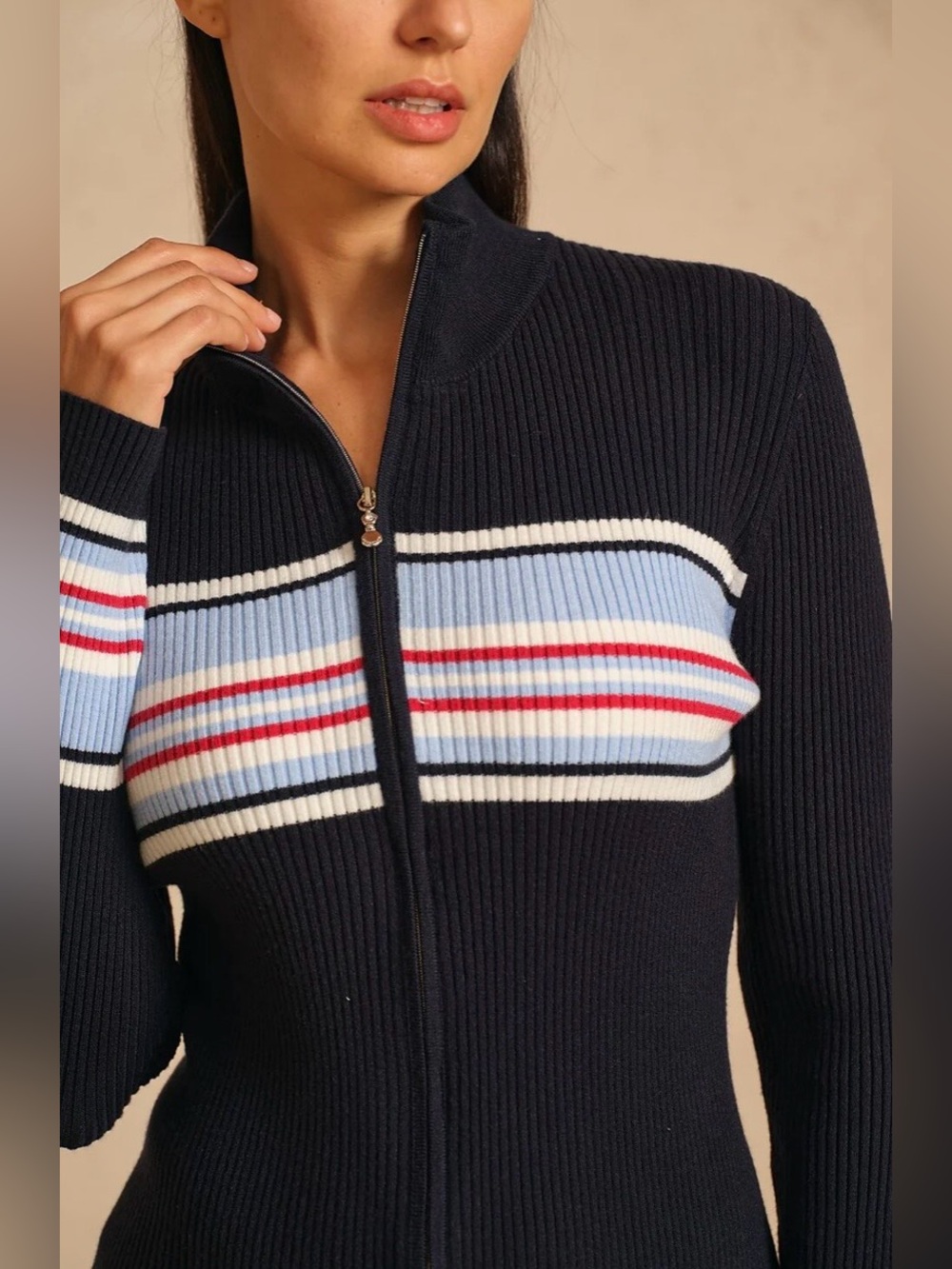NWOT Acegolfs Navy Striped Double- Zip Cardigan